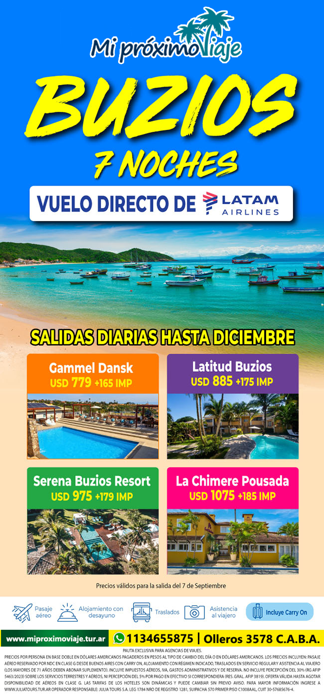 BUZIOS con LATAM - VUELO DIRECTO - SALIDAS DIARIAS HASTA DICIEMBRE !